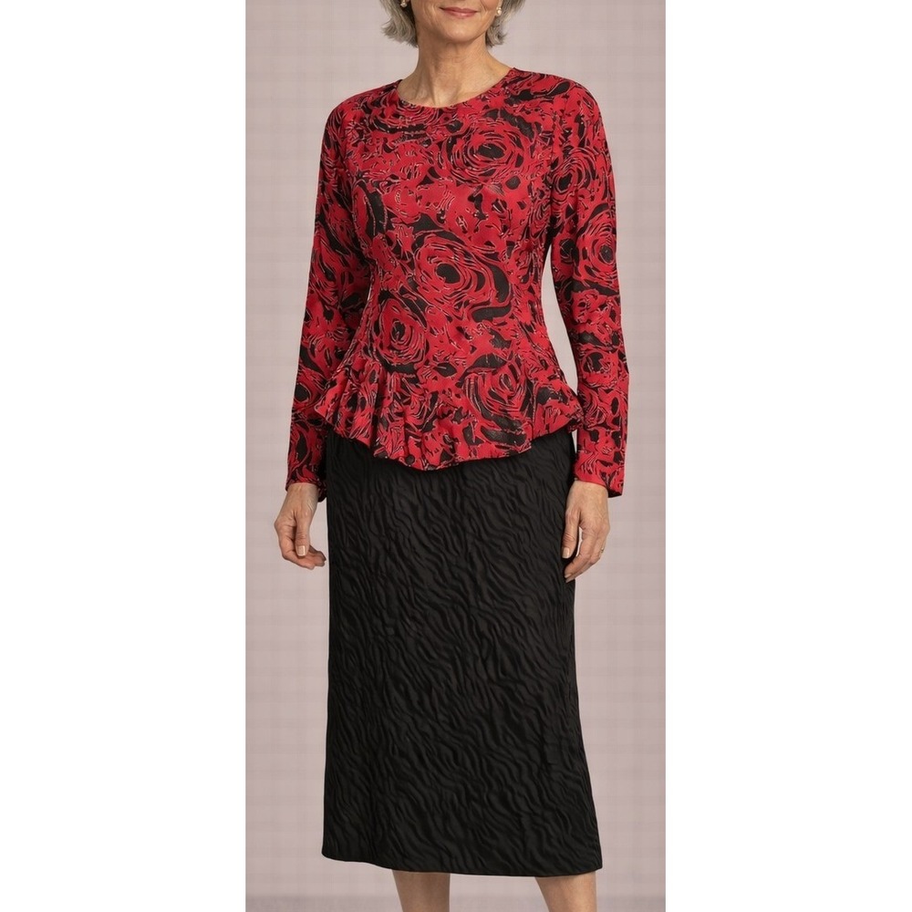 Vintage Argenti Red Black Longsleeve Floral Peplum 100% Silk Dress Womens Size 6